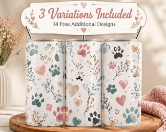 Floral Paw Print Tumbler Wrap PNG | Pet Lover Dog Cat Mom Sublimation Design | 20oz Skinny Tumbler Sublimation | Digital Download