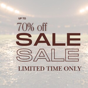 May include: An advertisement with the text "UP TO 70% off SALE" in a brown font, with a second "SALE" in a hollow font, and "LIMITED TIME ONLY" below. The background is a blurred image of a sports field.