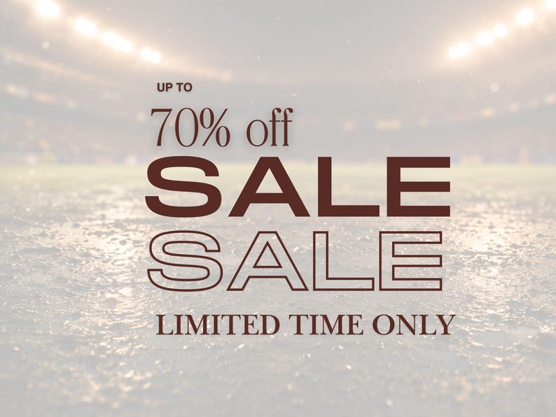 May include: An advertisement with the text "UP TO 70% off SALE" in a brown font, with a second "SALE" in a hollow font, and "LIMITED TIME ONLY" below. The background is a blurred image of a sports field.