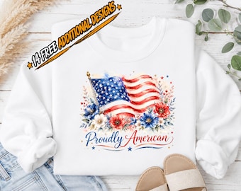 Proudly American PNG, Patriotic Flag Floral Sublimation, Fourth of July Shirt Design, Independence Day Clipart, Digital Download