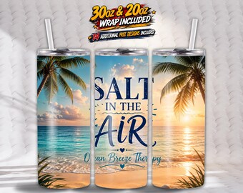 Ocean Beach Tumbler Wrap PNG | Salt in the Air Ocean Therapy Sublimation Design | 20oz Skinny & 30oz Tumbler Sublimation | Digital Download