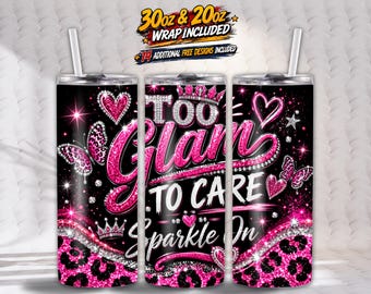 Too Glam To Care Tumbler Wrap, Glitter Leopard Sublimation, 20 Unzen Skinny, Sparkle Freches Design, digitaler Download