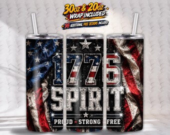 1776 Spirit Tumbler Wrap PNG | Patriotic America Sublimation Design | 20oz & 30oz Skinny Tumbler | Independence Day Gift