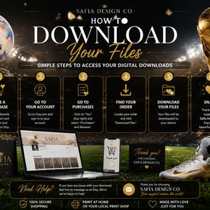 Step-by-step guide on how to download digital files from Safia Design Co. The image showcases a well-designed infographic with steps, including making a purchase, logging into an Etsy account, finding your order, and downloading the files. The design is complemented by soccer imagery from the 2026 FIFA World Cup, including a soccer ball and trophy, set against a stadium backdrop with dramatic lighting.