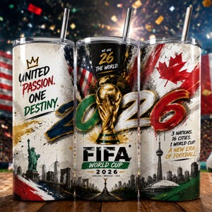 Promotional FIFA World Cup 2026 tumbler mockup featuring three 20oz stainless steel tumblers, side-by-side. The tumblers showcase vibrant designs with New York city landmarks, the World Cup trophy, and iconic elements like Times Square, Statue of Liberty, and the Brooklyn Bridge. Each tumbler design celebrates unity and patriotism, with bold typography reading 'Chase the Dream,' 'Make History,' and 'FIFA World Cup 2026.' Set against a warm, golden-toned background with bokeh lighting.