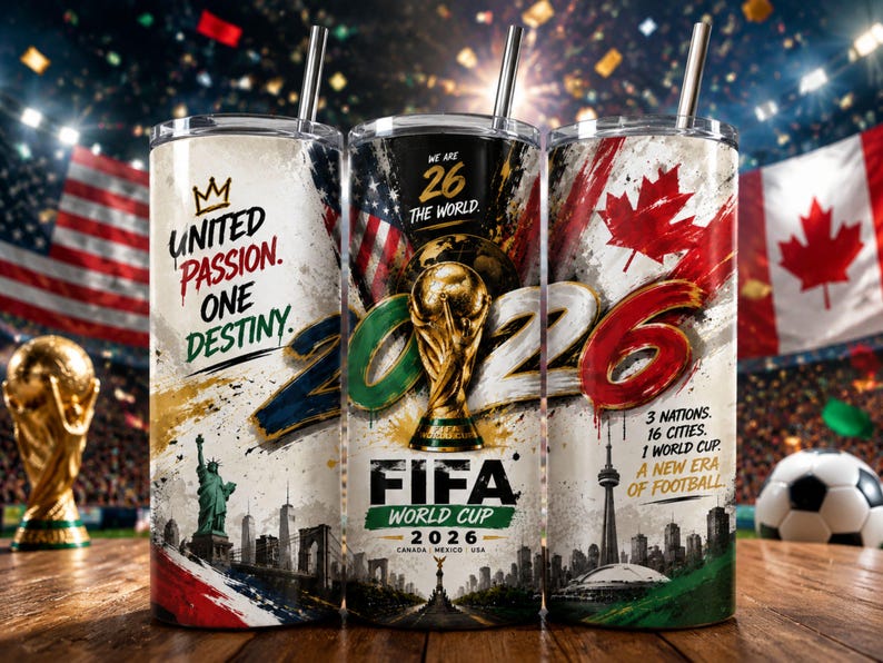 Promotional FIFA World Cup 2026 tumbler mockup featuring three 20oz stainless steel tumblers, side-by-side. The tumblers showcase vibrant designs with New York city landmarks, the World Cup trophy, and iconic elements like Times Square, Statue of Liberty, and the Brooklyn Bridge. Each tumbler design celebrates unity and patriotism, with bold typography reading 'Chase the Dream,' 'Make History,' and 'FIFA World Cup 2026.' Set against a warm, golden-toned background with bokeh lighting.