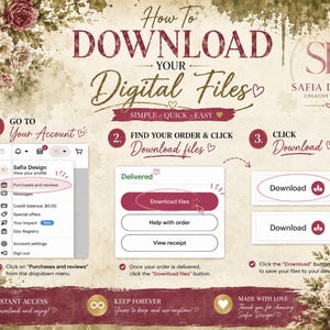 May include: A digital download guide with instructions on how to download files. The guide features a floral design with text that reads "How to Download Your Digital Files." It includes steps to find and download files.