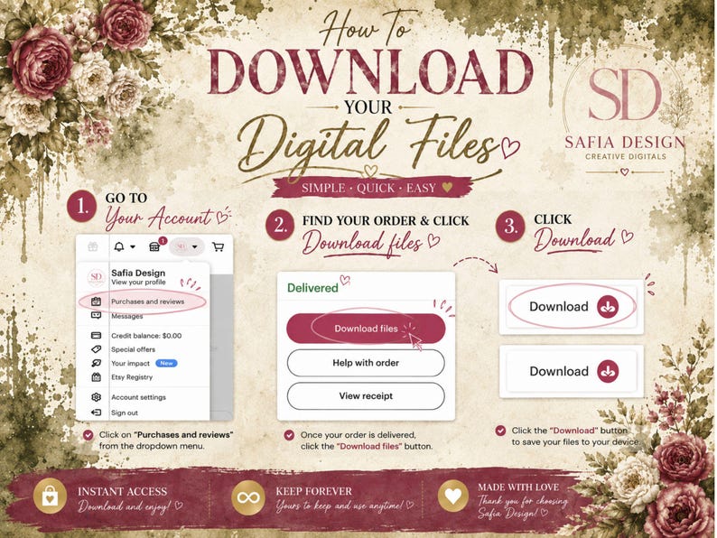 May include: A digital download guide with instructions on how to download files. The guide features a floral design with text that reads "How to Download Your Digital Files." It includes steps to find and download files.