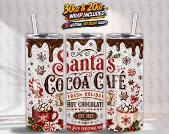 Santa's Cocoa Café Tumbler Wrap - Heiße Schokolade Weihnachten 20 Unzen & 30 Unzen Skinny Sublimation PNG - Holiday Drinkware Design