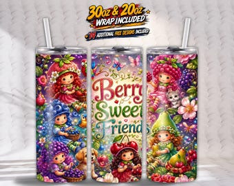 Beere Sweet Friends Tumbler Wrap PNG, 20 Unzen & 30 Unzen Skinny Tumbler Wrap, süße Beeren Mädchen Cartoon Sublimation, Fruit Doll Digital Download