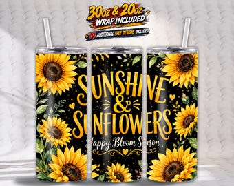 Sunflower Tumbler Wrap PNG, Floral Summer Sublimation Design, 20oz Skinny Tumbler, Black & Yellow Aesthetic, Digital Download
