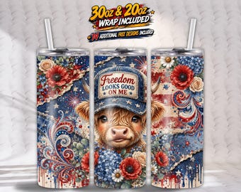 Patriottische Highland Cow Tumbler Wrap PNG, Freedom ziet er goed uit, 20oz & 30oz Skinny Tumbler Design, Western Cowgirl Sublimatie