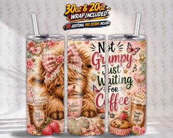 Highland Cow Tumbler Wrap PNG, lustiger Kuhkaffeebecher, 20 Unze & 30 Unze Skinny Tumbler Wrap, Kokette Kuh Sublimation PNG