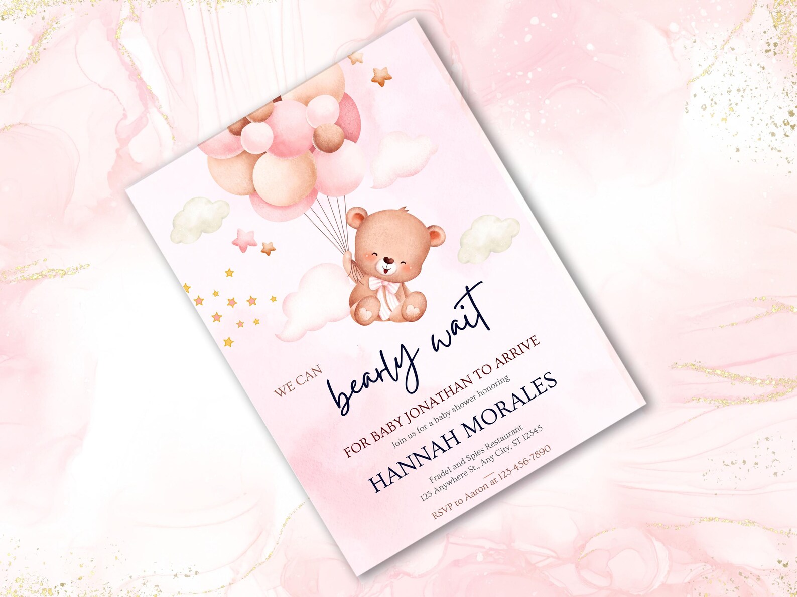 Pink Teddy Bear Baby Shower Invitation: We Can Bearly Wait Theme ...