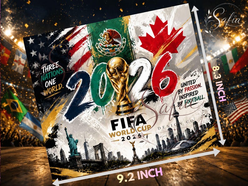 Patriotic 2026 FIFA World Cup tumbler set featuring a dramatic golden sunset backdrop, an American flag design, and bold typography. Perfect for soccer fans, USA supporters, and World Cup merchandise