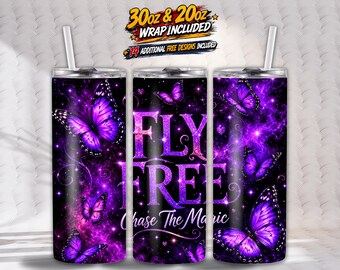 Fly Free Tumbler Wrap PNG | Chase the Magic Butterflies | 20oz & 30oz Skinny Sublimation Design | Magical Fantasy Drinkware