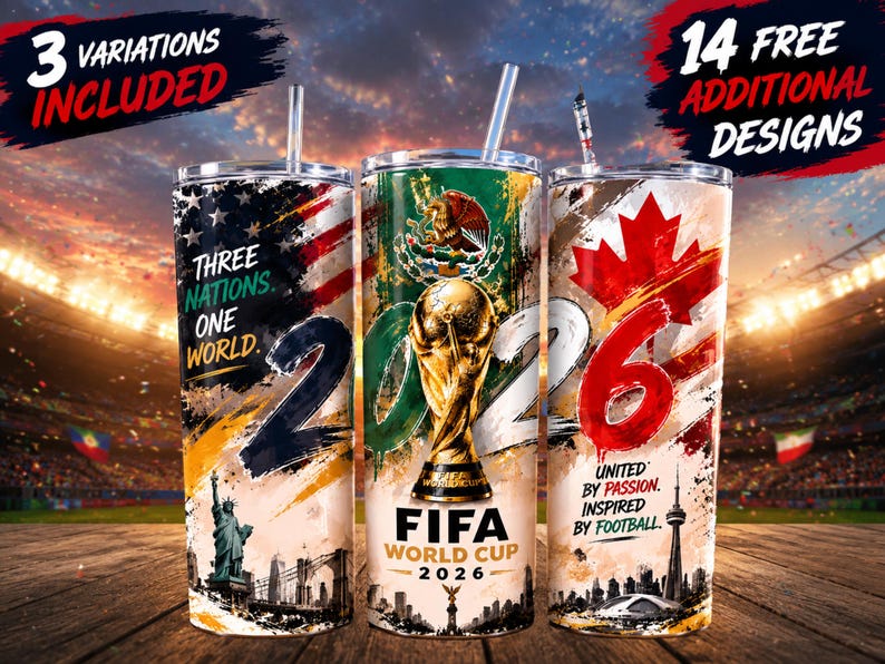 Three 20oz tumblers with patriotic designs for the 2026 FIFA World Cup, showcasing U.S., Canadian, and Mexican imagery. The tumblers are placed side by side on a wooden surface, with vibrant flag colors, eagles, jaguars, and iconic landmarks. The scene is set in a stadium with dramatic lighting and confetti, capturing a high-energy, celebratory atmosphere.