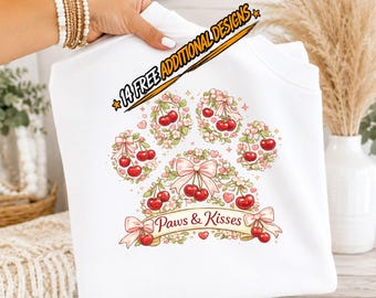 Paws & Kisses Cherry Floral PNG | Cute Pet Lover Sublimation Design | Cherry Bow Heart Clipart | Digital Download | Valentine Pet Art