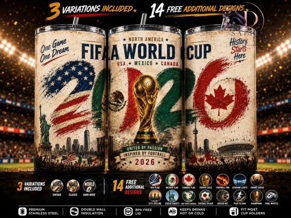 FIFA World Cup 2026 Tumbler Wrap PNG Bundle | USA Mexico Canada Soccer Sublimation Design | 20oz Skinny Tumbler Digital Download