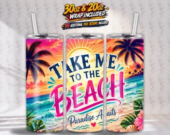 2 Take Me to the Beach Tumbler Wrap PNG, Tropical Sunset & Palm Tree Sublimation Design, 20oz Skinny Tumbler, Summer Gift Digital Download