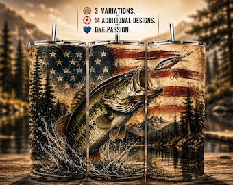 Patriotic Bass Fishing Tumbler Wrap | American Flag Sublimation Design (Digital Download)
