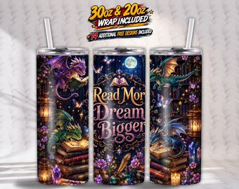 Drachen Tumbler Wrap PNG, Fantasy Buch Liebhaber Tumbler Design, Magische Bibliothek 20oz & 30oz Skinny Sublimation, Drachenlesen Zitat Wrap