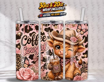 Kaffee Cowgirl Tumbler Wrap PNG, Highland Kuh Tumbler Wrap, 20 Unze 30 Unze Skinny Tumbler, Western Coquette Sublimation