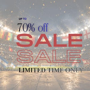 Pu&ograve; includere: Immagine di uno stadio con il testo "UP TO 70% off SALE SALE LIMITED TIME ONLY". Lo stadio &egrave; pieno di persone e bandiere di diversi paesi.