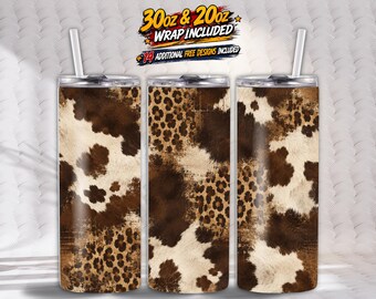Western Rindsleder Leopard Print Tumbler Wrap PNG, 20oz & 30oz Skinny Sublimation, nahtloser Kuhdruck Digital Download