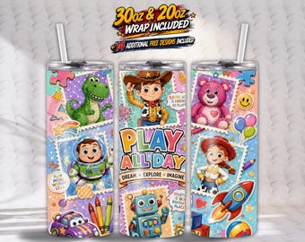 Op Toy Story geïnspireerde beker wrap png, 20oz en 30oz skinny beker wrap bundel, speelgoedverjaardag sublimatie, naadloze digitale download