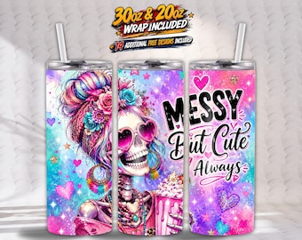 Messy But Cute Tumbler Wrap PNG, 20 Unzen & 30 Unzen Skinny Straight Tapered Wrap, Skelett Sublimationsdesign, digitaler Download