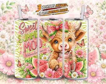 Sweet Summer Moo Tumbler Wrap PNG, Watermelon Highland Cow 20oz Skinny Tumbler Sublimation, Cute Summer Cow Digital Download