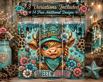 Sweet Heifer Tumbler Wrap PNG, Highland Cow Cowgirl Design, Teal Glitter Sublimation, 20oz Skinny Tumbler Bundle