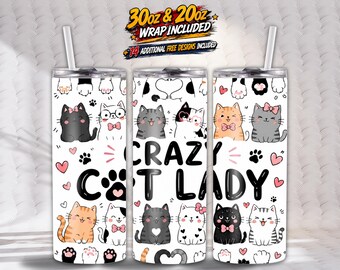 Crazy Cat Lady Tumbler Wrap PNG | Cute Cat Mom Sublimation Design | Kawaii Kitty 20oz & 30oz Skinny Tumbler | Digital Download