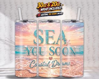 Sea You Bald Tumbler Verpackung PNG | Tropischer Strand u. Ozean Sublimationsdesign | 20 Unzen Skinny Becher | Sommer Urlaub Geschenk | Digitaler Download