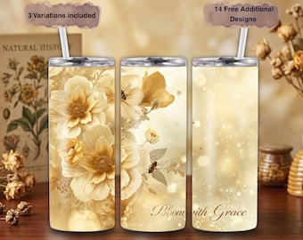 Watercolor Bee Flower Tumbler Wrap, Floral Design, Gold Bokeh (Digital Download)