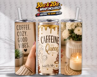 Coffee Tumbler Wrap PNG, Caffeine Queen Sublimation Design, Coffee Lover Gift, 20oz Skinny Tumbler, Digital Download, Cozy Aesthetic