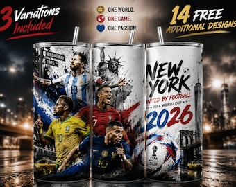 Pode incluir: Três canecas de aço inoxidável com designs de futebol. Uma apresenta a Broadway e jogadores de futebol, outra a Estátua da Liberdade e jogadores de futebol, e a terceira exibe "New York United by Football FIFA World Cup 2026."