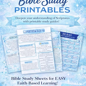 May include: Blue and white Bible study printables with text that reads "Bible Study Printables." The image includes study guides with notes, key verses, and reading plans. Available on Etsy.