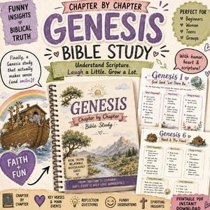 May include: A spiral-bound Bible study guide titled "Genesis Chapter by Chapter." The cover features the title in purple script, with illustrations of a landscape, Noah's Ark, and a rainbow. Additional pages detail Genesis 1 and 6. The guide promises to help readers understand scripture.