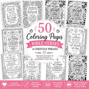 Peut inclure: Un ensemble de 50 pages de coloriage en noir et blanc avec des versets bibliques et des phrases chrétiennes. Les motifs incluent des fleurs, des paysages désertiques et des thèmes western. Un graphique central affiche 50 Coloring Pages.