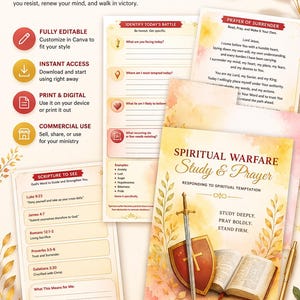 May include: A digital download template for a spiritual warfare study, featuring a sword and shield graphic, an open book, and a pen. The design includes prompts for prayer and reflection, with the text "Study Deeply, Pray Boldly, Stand Firm."