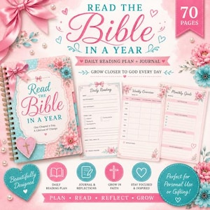 May include: A spiral-bound journal titled "Read the Bible in a Year" with a pink and blue floral design. The journal includes daily reading plans and space for reflections. Additional pages for weekly overviews and monthly goals are also included. The cover features a pink bow and the text "70 pages".