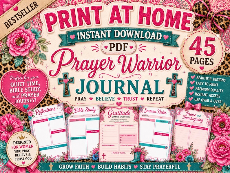 May include: A digital download titled "Prayer Warrior Journal" with a floral and leopard print design. The journal includes prompts for prayer, Bible study, and gratitude. The image features the text "Print at Home" and "Instant Download".