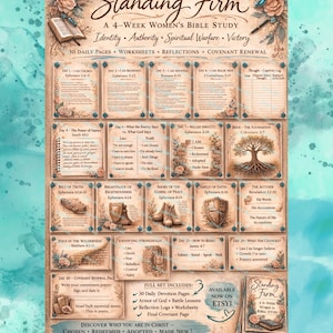 May include: A beige and brown Bible study guide titled "Standing Firm" with floral accents. The guide includes 30 daily pages, worksheets, and reflections. Text includes "Identity, Authority, Spiritual Warfare, Victory" and "Shop Now on Etsy."