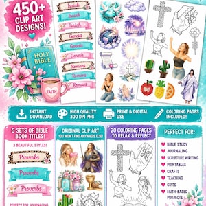 May include: Digital Bible study clip art and coloring pages with faith-filled designs. Includes 450+ clip art designs, Bible book titles, and coloring pages. Perfect for journaling, printables, and faith-based projects. Features the text "Bible Study Clip Art & Coloring Pages".