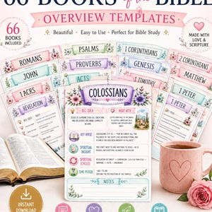 May include: An image showcasing 66 Bible overview templates with floral designs and pastel hues. Individual book titles such as Romans, Psalms, and Proverbs are visible. The image also includes a mug, a rose, and the words "Instant Download."