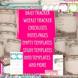 Peut inclure: Un ensemble de pages de journal et de modèles imprimables aux couleurs rose et turquoise. Comprend des trackers quotidiens et hebdomadaires, des listes de contrôle et des modèles d'étude. Le texte comprend "Daily Tracker", "Bible Study Themes" et "Fasting Journal".
