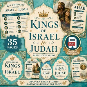 May include: A teal and cream Bible study guide titled "Kings of Israel & Judah." The cover features illustrations of historical figures and crowns. The guide includes the text "35 Pages" and "Instant Download."