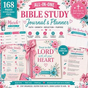 May include: An all-in-one Bible study journal and planner with 168 pages of hyperlinked PDFs. The cover features pink and teal floral accents, a pink ribbon, and the text Trust in the Lord with all your heart. Includes reading logs and study tips.